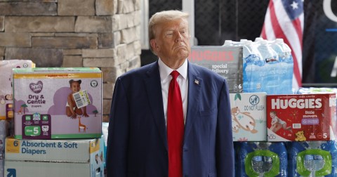 Trump surrounded toilet rolls and nappies during Hurricane Helene aid speech